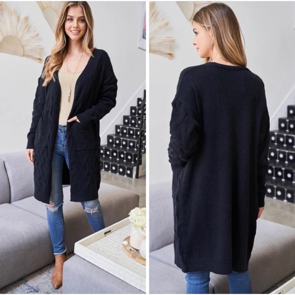 1 LEFT! Open Front Long Sleeve Soft Tight Knit Black Women's Cardigan - Picture 3 of 12